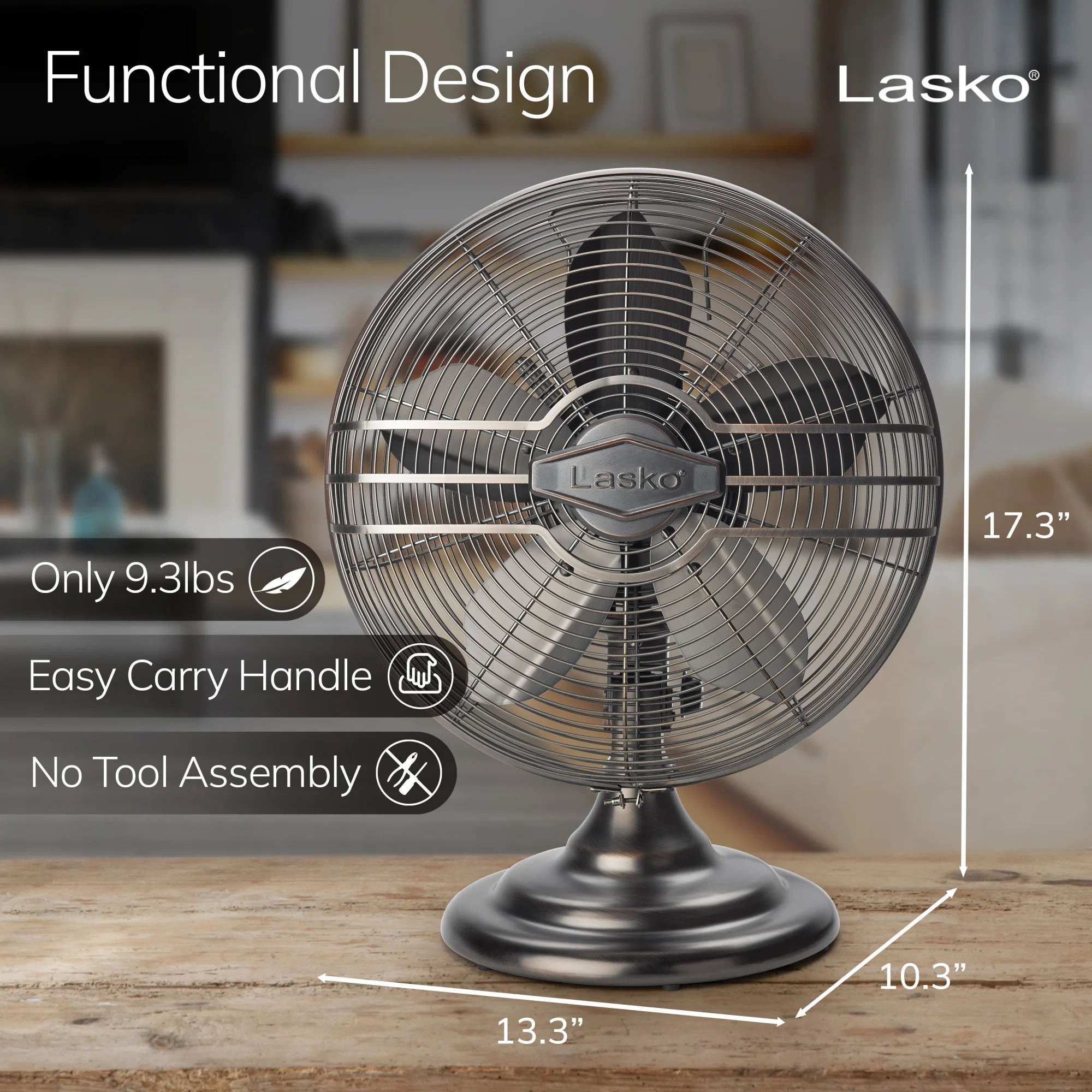 Lasko 12" 3-Speed Oscillating Classic Metal Table Fan with Tilt-Back, R12210, Bronze - Image 3