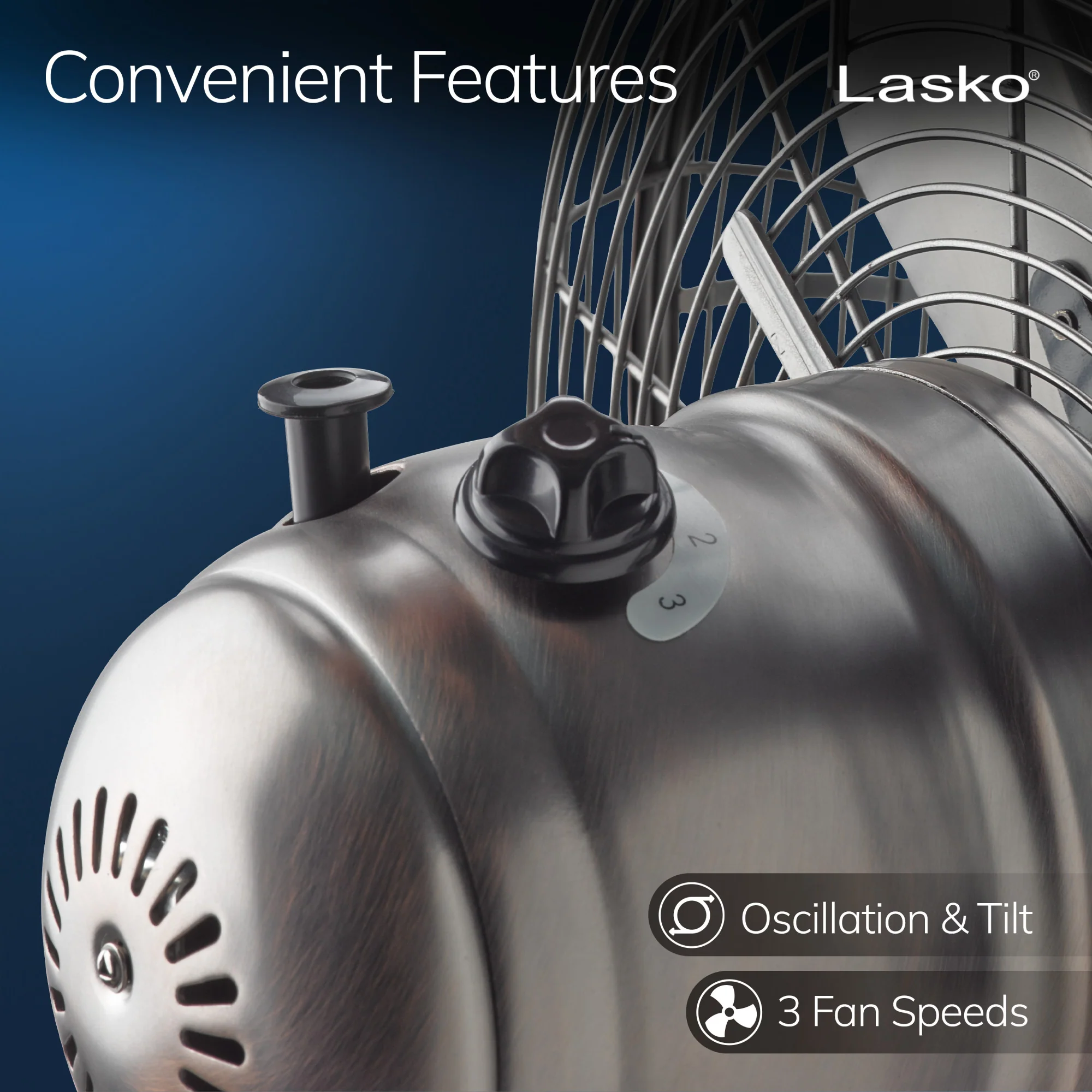 Lasko 12" 3-Speed Oscillating Classic Metal Table Fan with Tilt-Back, R12210, Bronze - Image 5