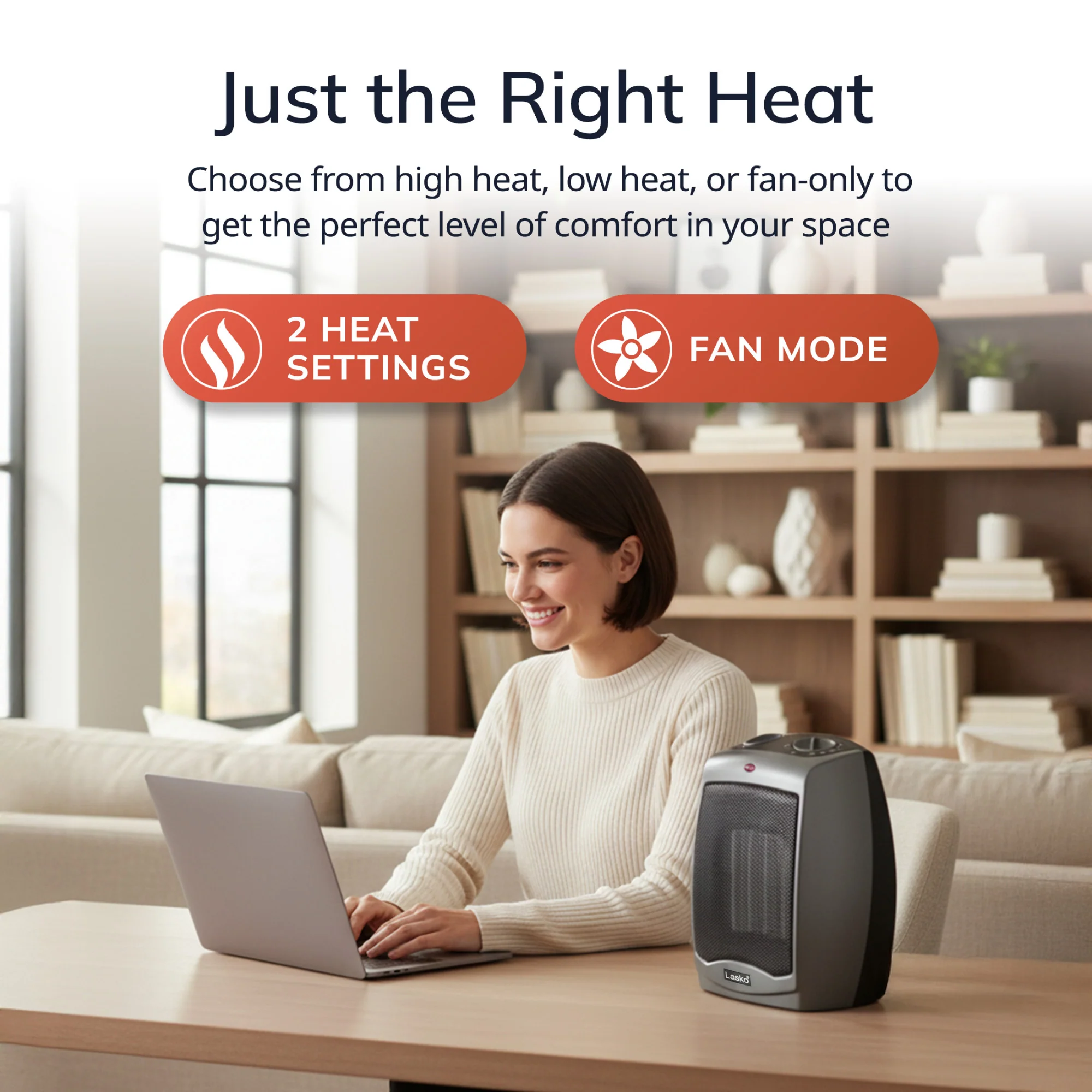 Lasko 1500W 2-Speed Ceramic Space Heater with Tip-Over Safety Switch, 754201, Gray - Image 3