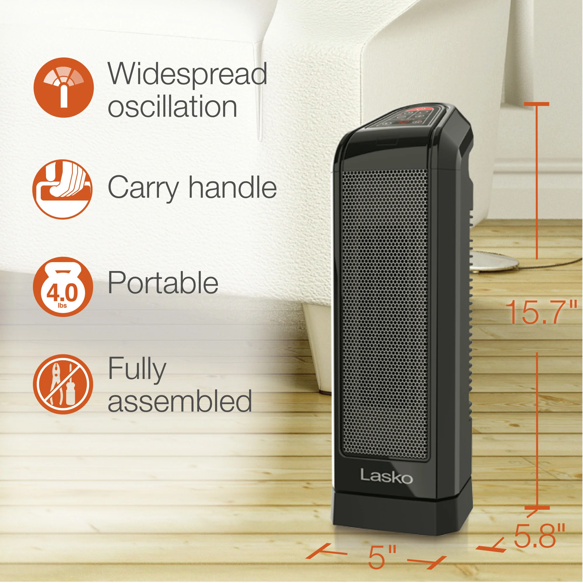 Lasko 16" Digital Ceramic Tower Heater with Remote (black, model CT16670) - Image 6