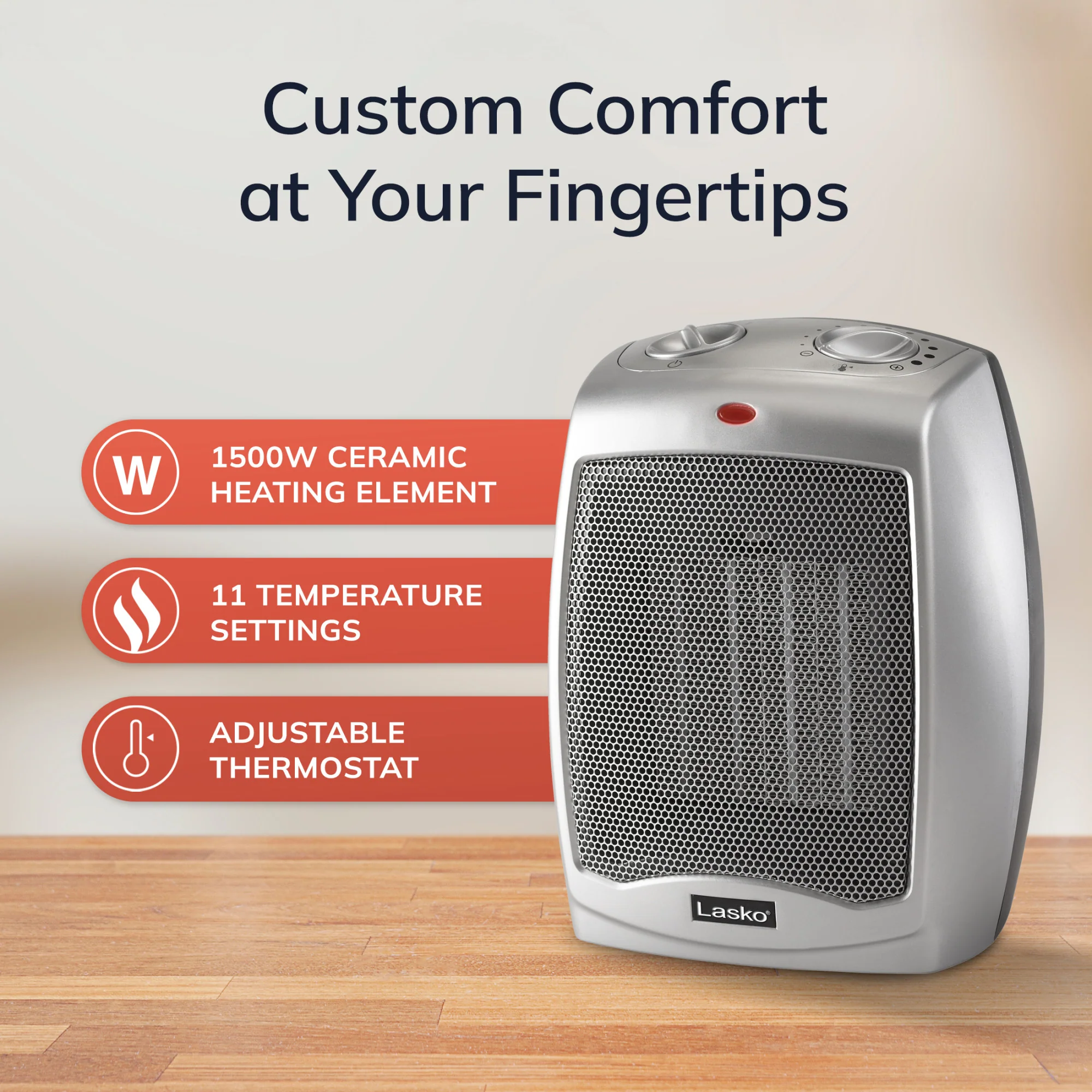 Lasko 1500W Electric Ceramic Space Heater with Adjustable Thermostat, 754200, Silver - Image 6
