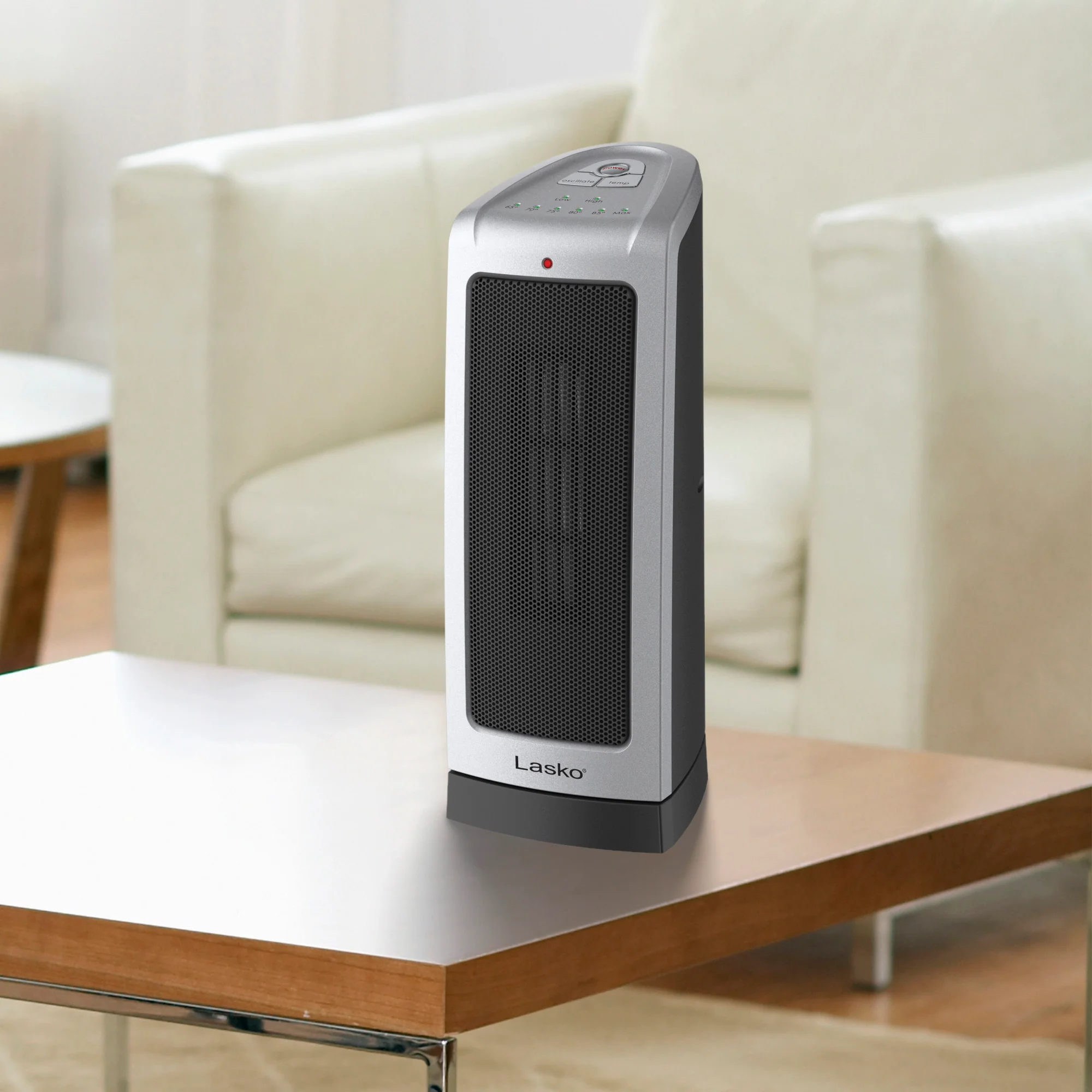 Lasko 1500W Oscillating Ceramic Tower Space Heater with Adjustable Thermostat, 2-Speeds, 5309, Silver - Image 3