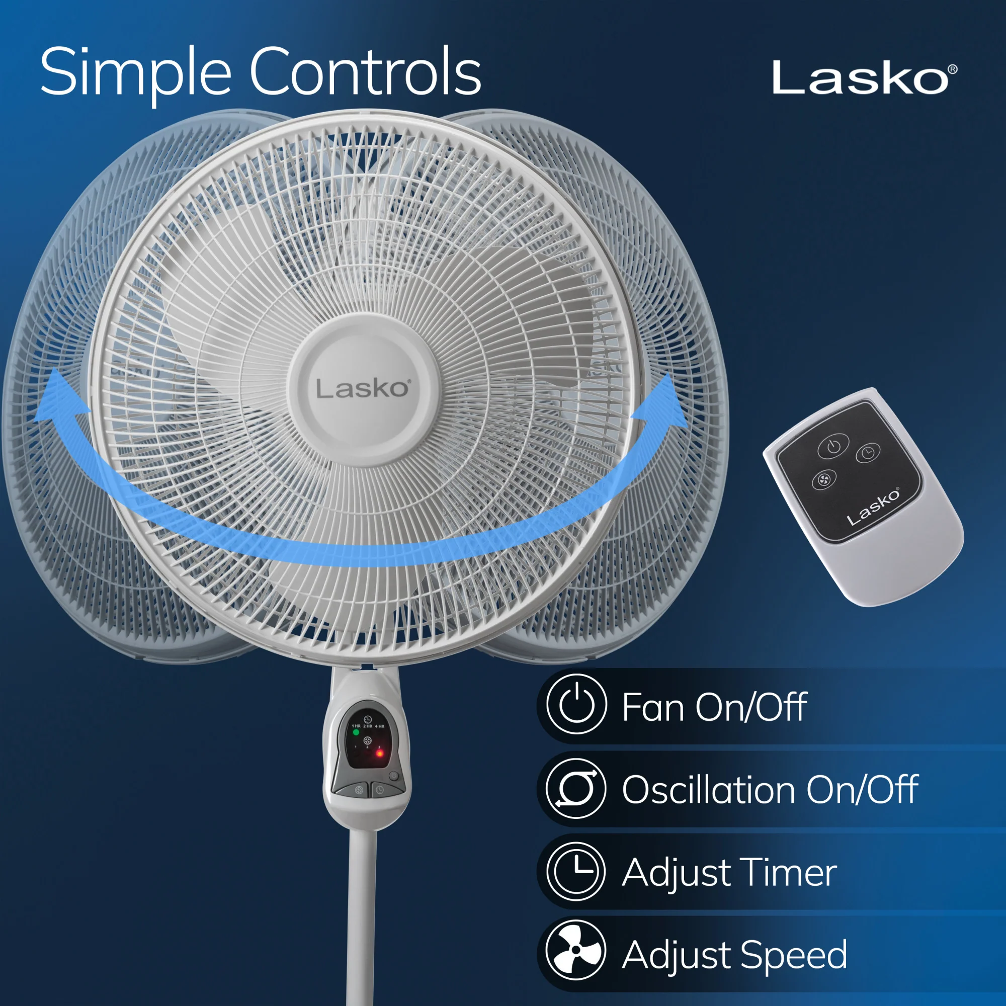 Lasko 16" 3-speed Pedestal Fan with Remote & Timer (white, model 1646) - Image 3