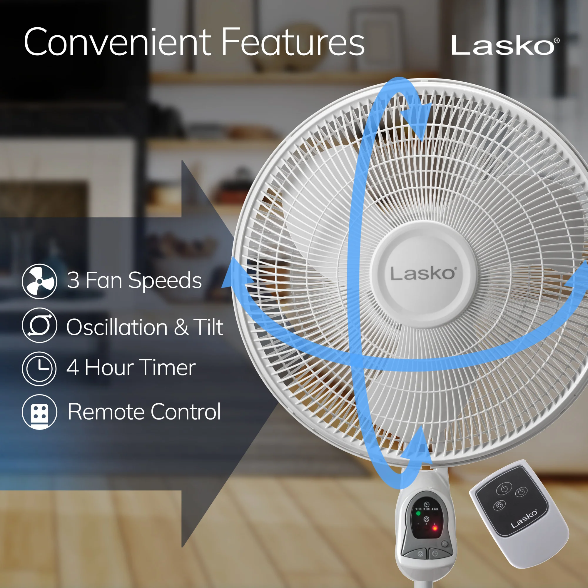 Lasko 16" 3-speed Pedestal Fan with Remote & Timer (white, model 1646) - Image 4