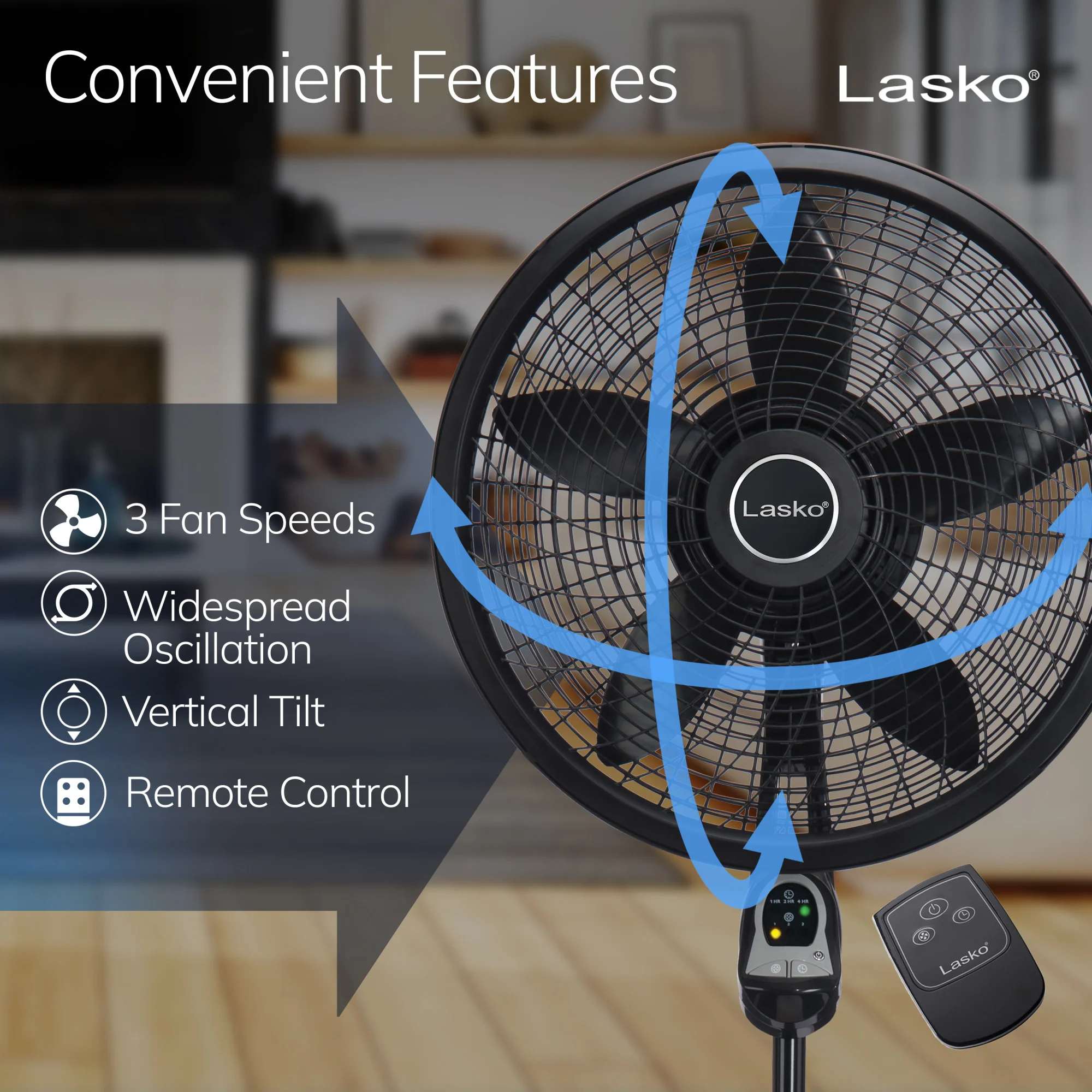 Lasko Cyclone® 18" 3-speed Pedestal Fan with Remote & Timer (black, model 1843) - Image 3
