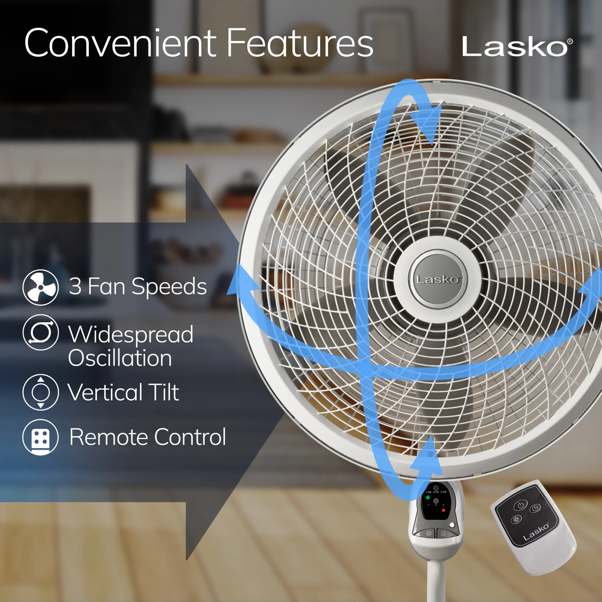 Lasko Cyclone® 18" Pedestal Fan with 3 Speeds, 4-Hr Timer, Remote Control - Image 3