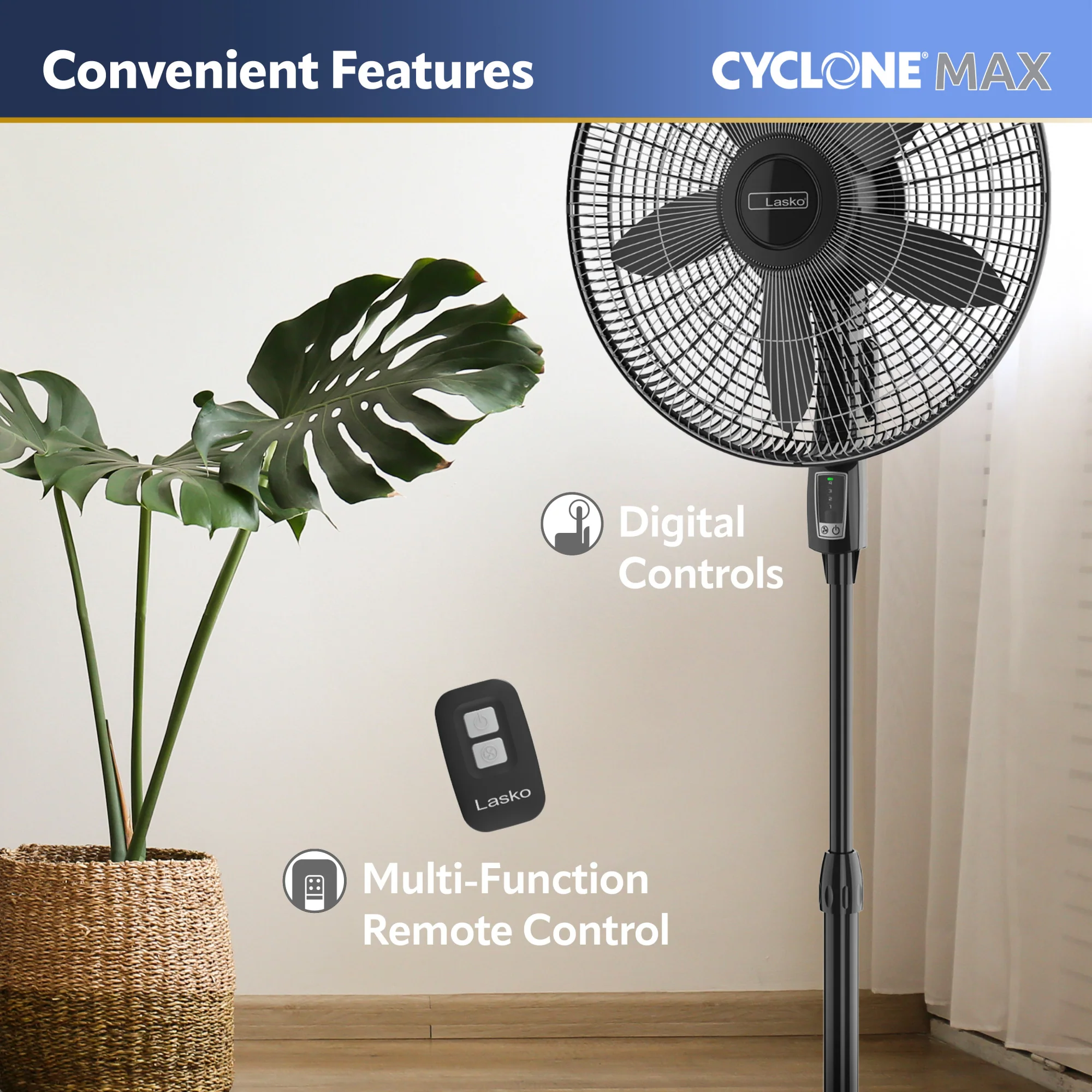 Lasko Cyclone® Max 18" 4-speed Pedestal Fan with Remote (black, model S18605) - Image 6