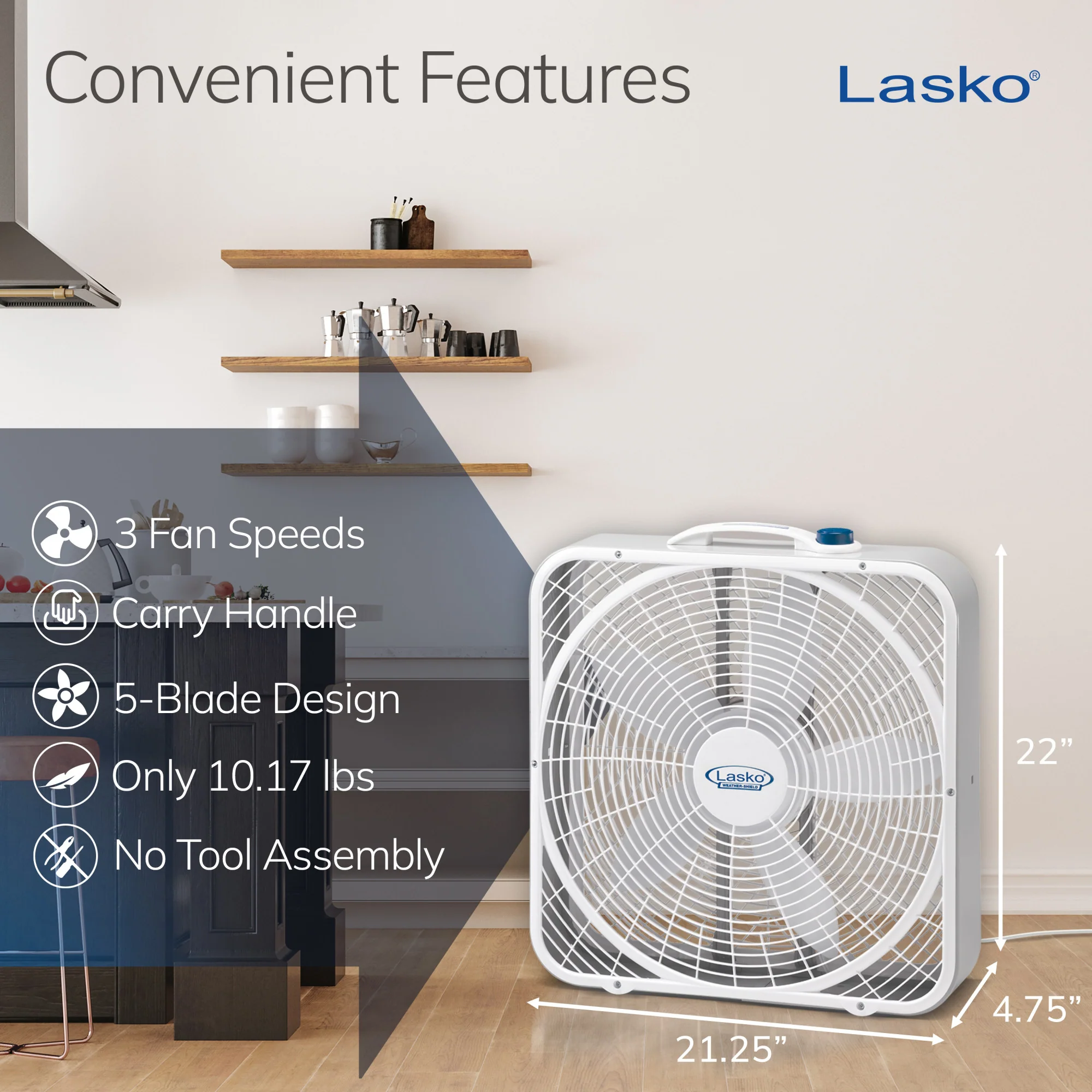 Lasko 20" Weather-Shield Performance Box Fan with High Performance Grill and 3 Speeds, 3720, White - Image 5