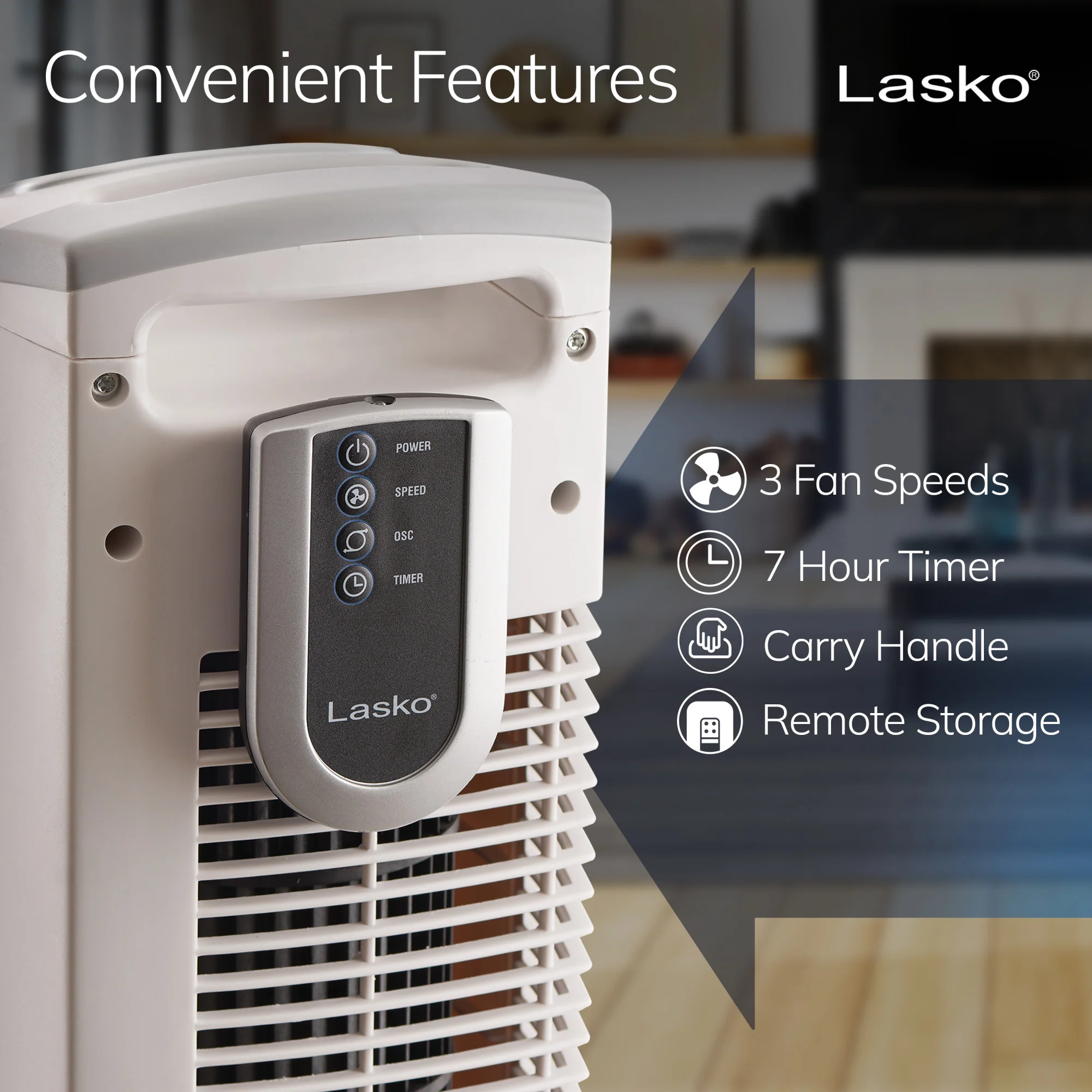 Lasko Portable 3-Speed Oscillating Tower Fan with Timer and Remote Control, 2510, White - Image 5