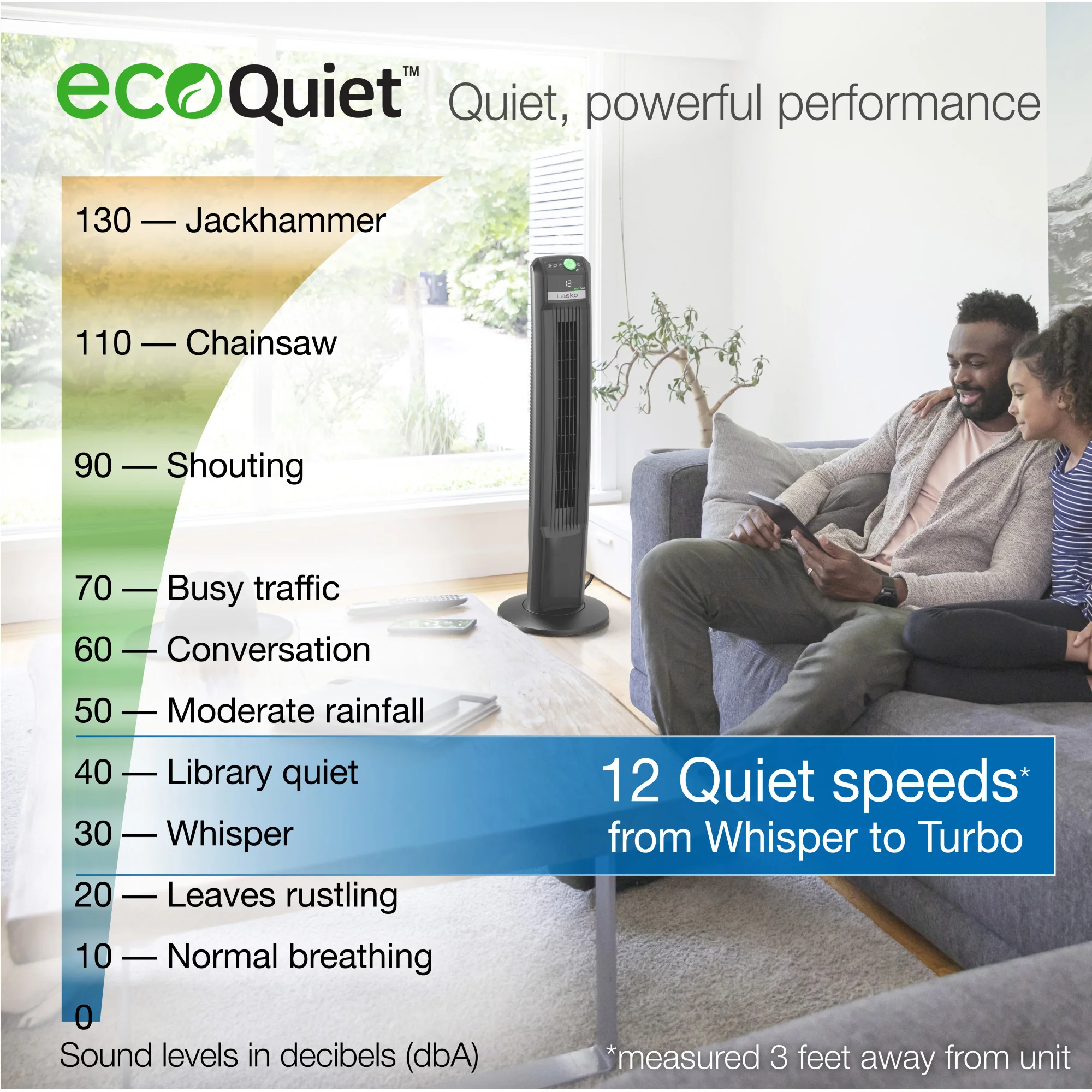 Lasko 42" 12-Speed EcoQuiet DC Motor Tower Fan with Remote Control, T42700, Black - Image 4