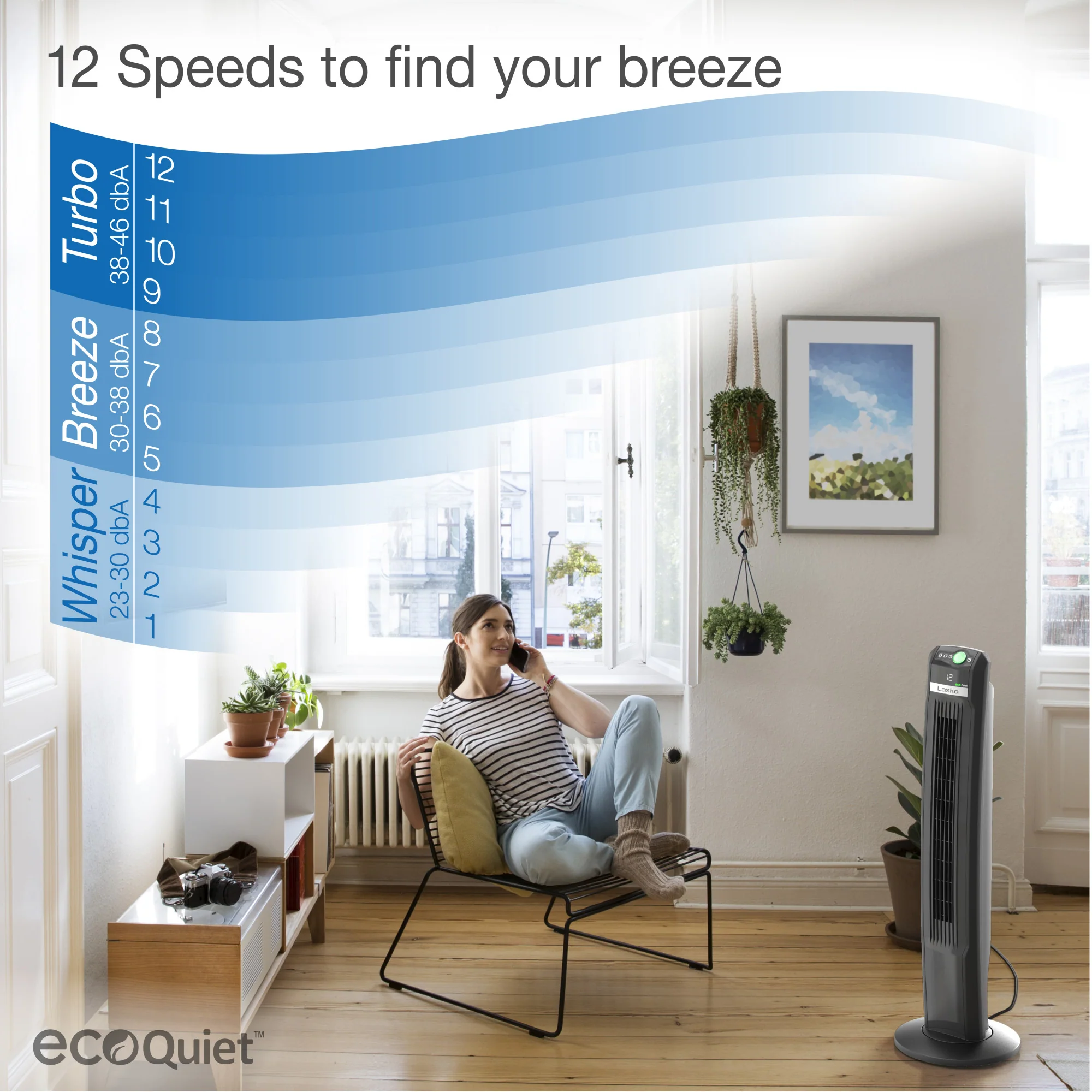 Lasko 42" 12-Speed EcoQuiet DC Motor Tower Fan with Remote Control, T42700, Black - Image 5