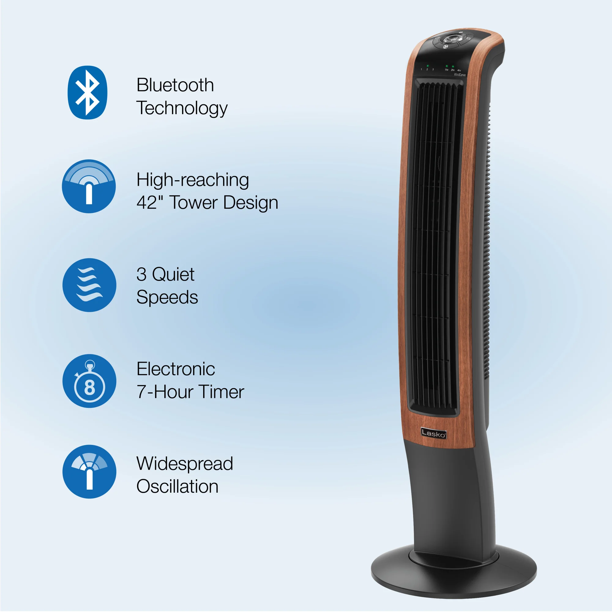 Lasko 42" Wind Curve 3-Speed Oscillating Tower Fan with Bluetooth® Technology, T42905, Woodgrain - Image 3