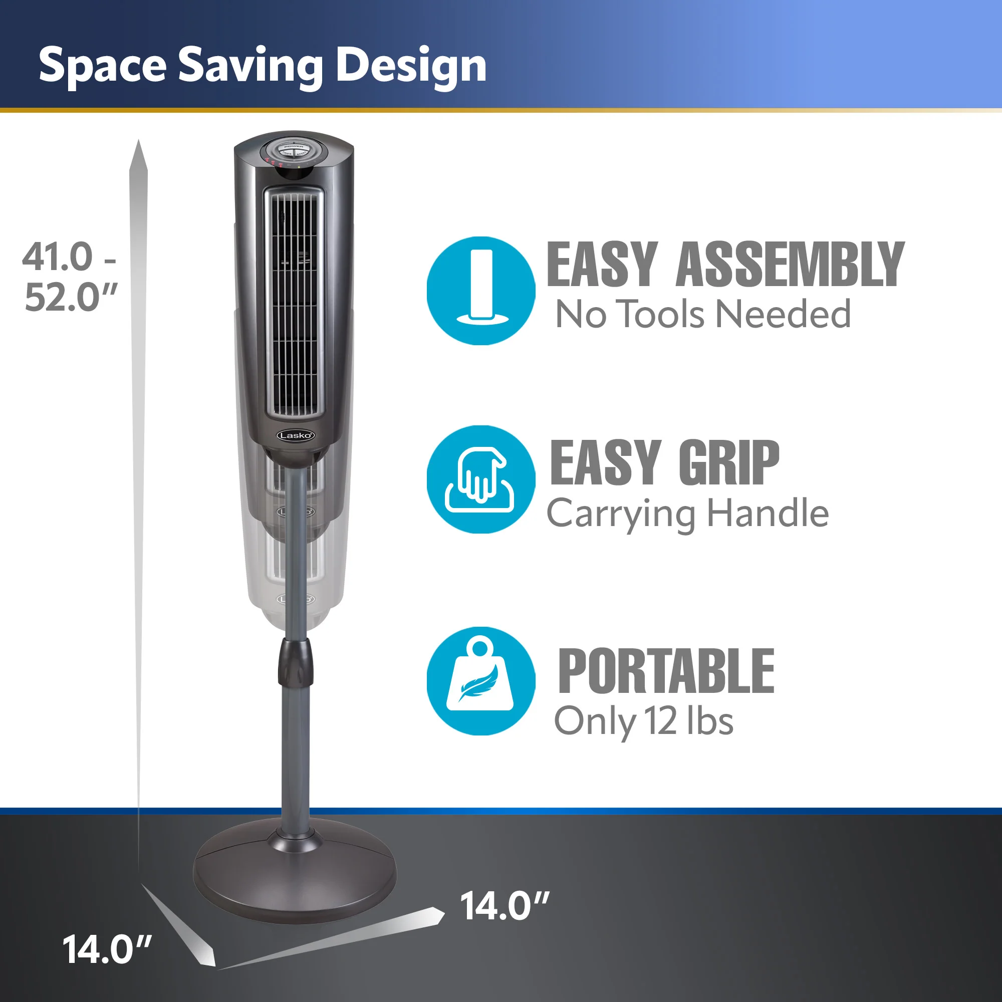 Lasko Space-Saving 3-speed Pedestal Tower Fan with Remote & Timer (gray, model 2535) - Image 4