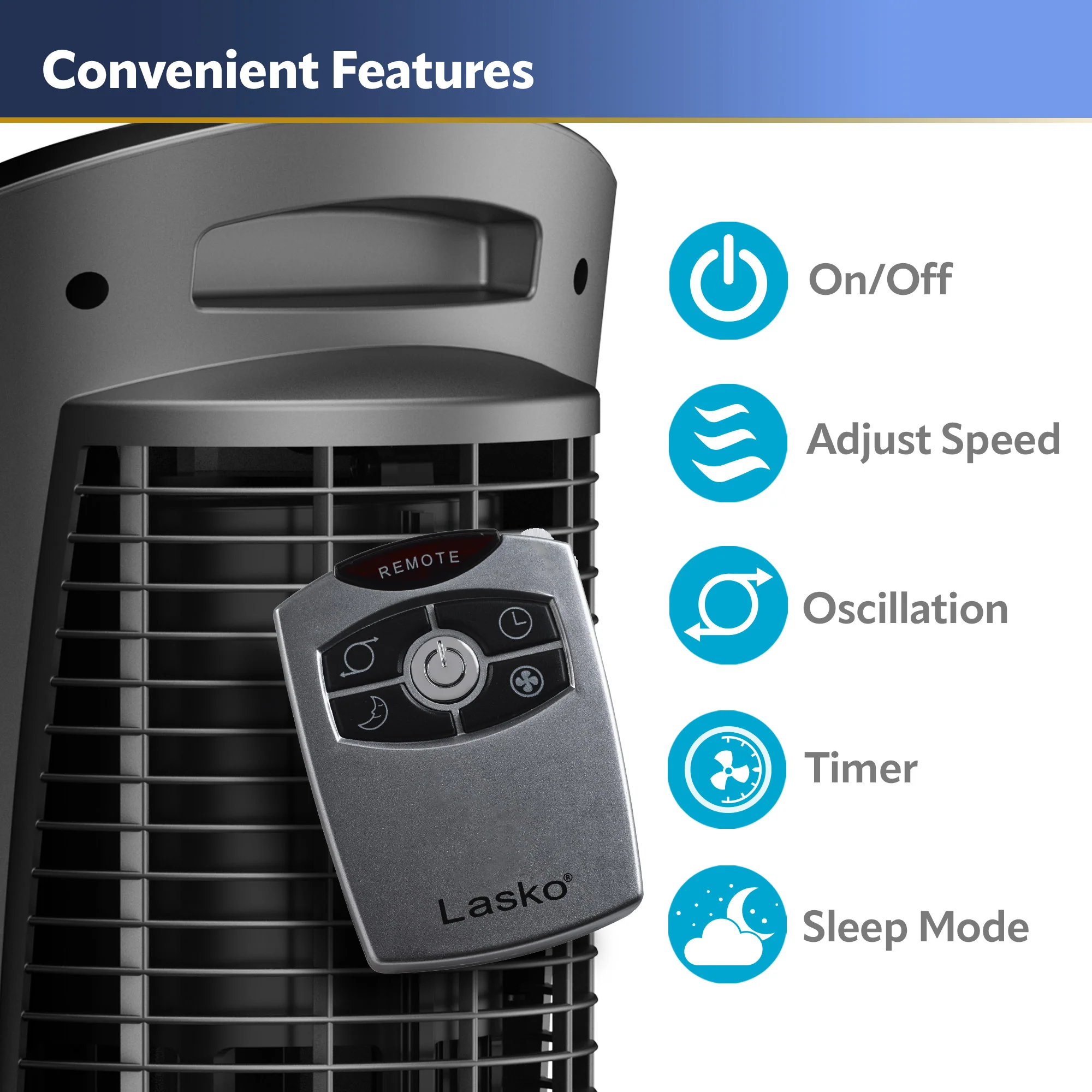 Lasko Space-Saving 3-speed Pedestal Tower Fan with Remote & Timer (gray, model 2535) - Image 5