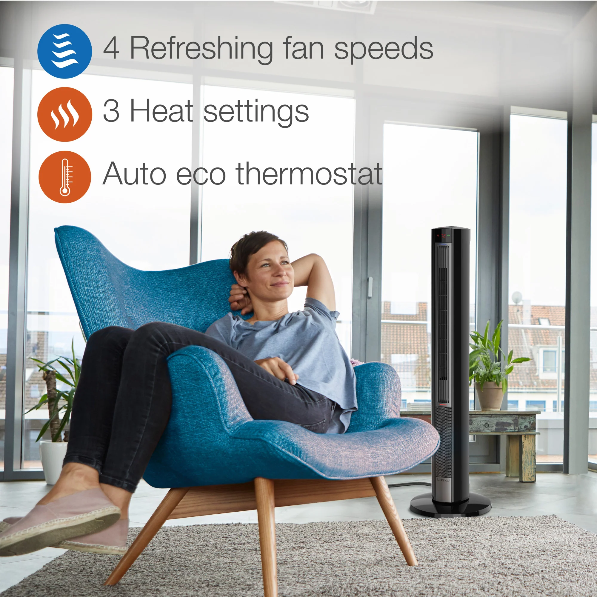 Lasko All Season Comfort Control Tower Fan and Space Heater with Remote Control, FH620, Black - Image 4
