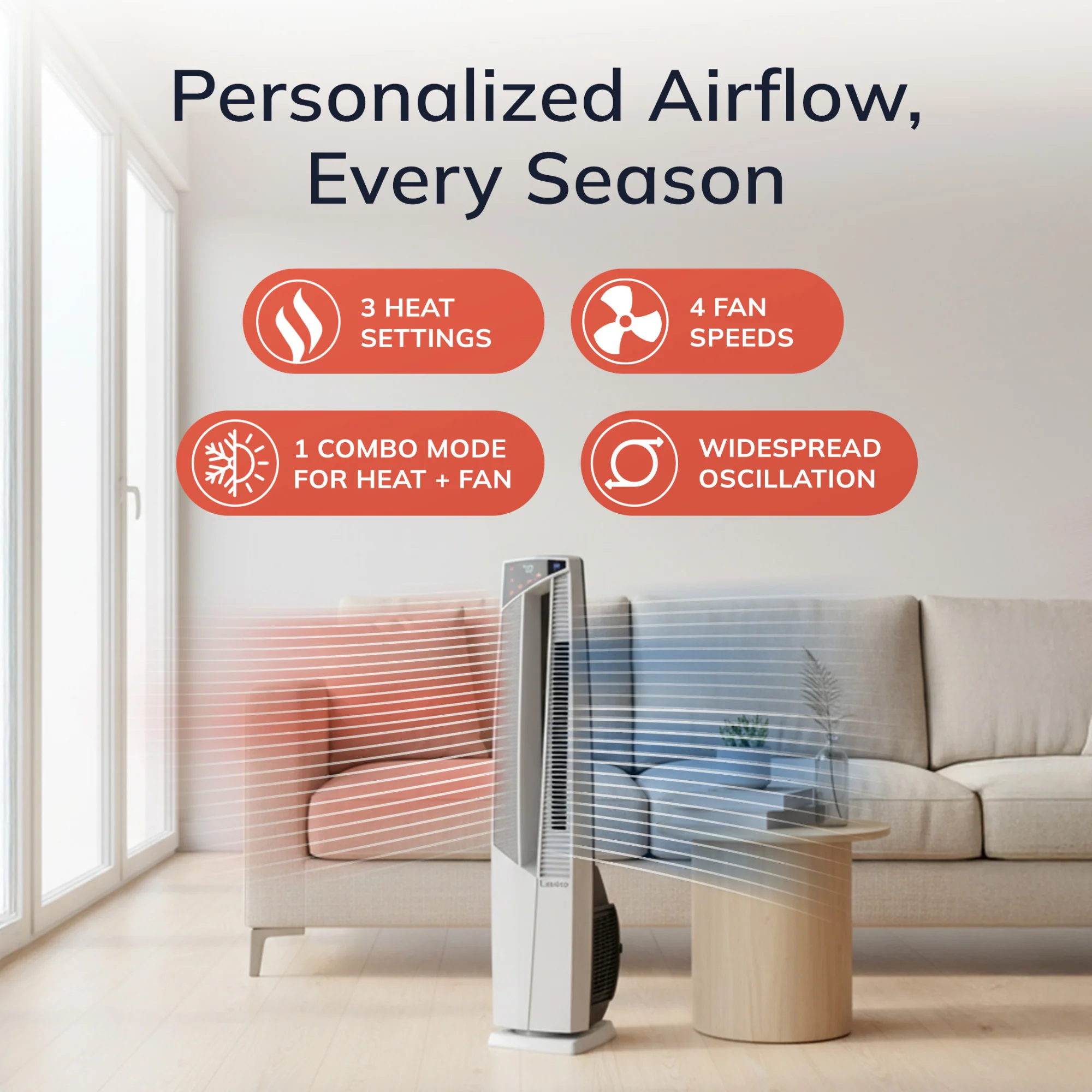 Lasko All Season High Velocity Hybrid Tower Fan and Space Heater in One with Remote Control, FHV820, White - Image 5