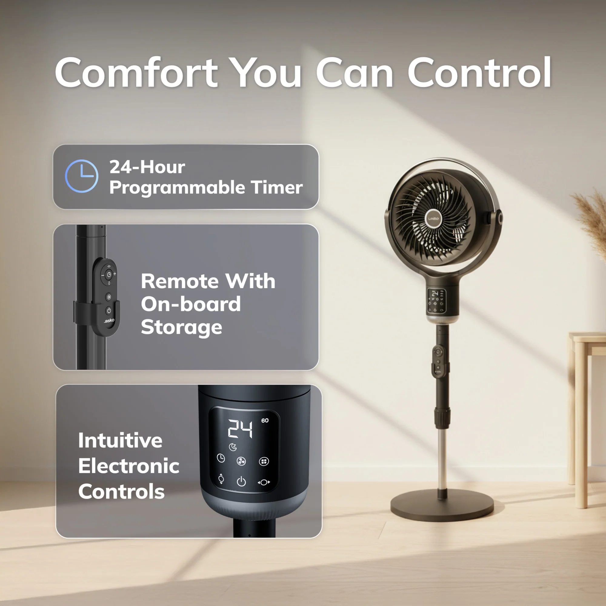 Lasko WhisperForce™ Whirlwind 24-speed DC Motor Pedestal Fan with Remote & Timer (black, model APDC302) - Image 5