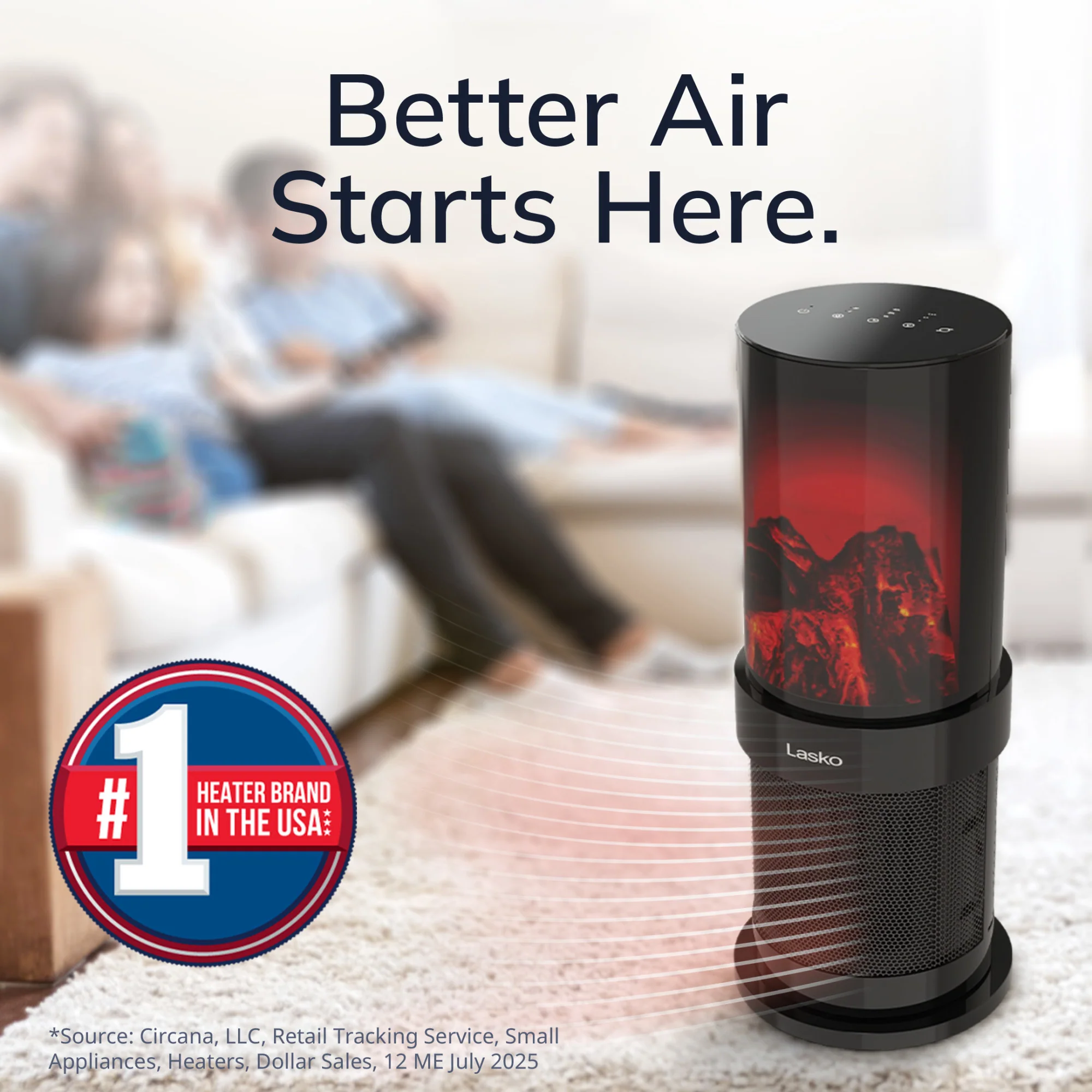 Lasko CA20150 20" 1500W Oscillating Fireplace Ceramic Tower Space Heater with Tip-Switch: Black - Image 2
