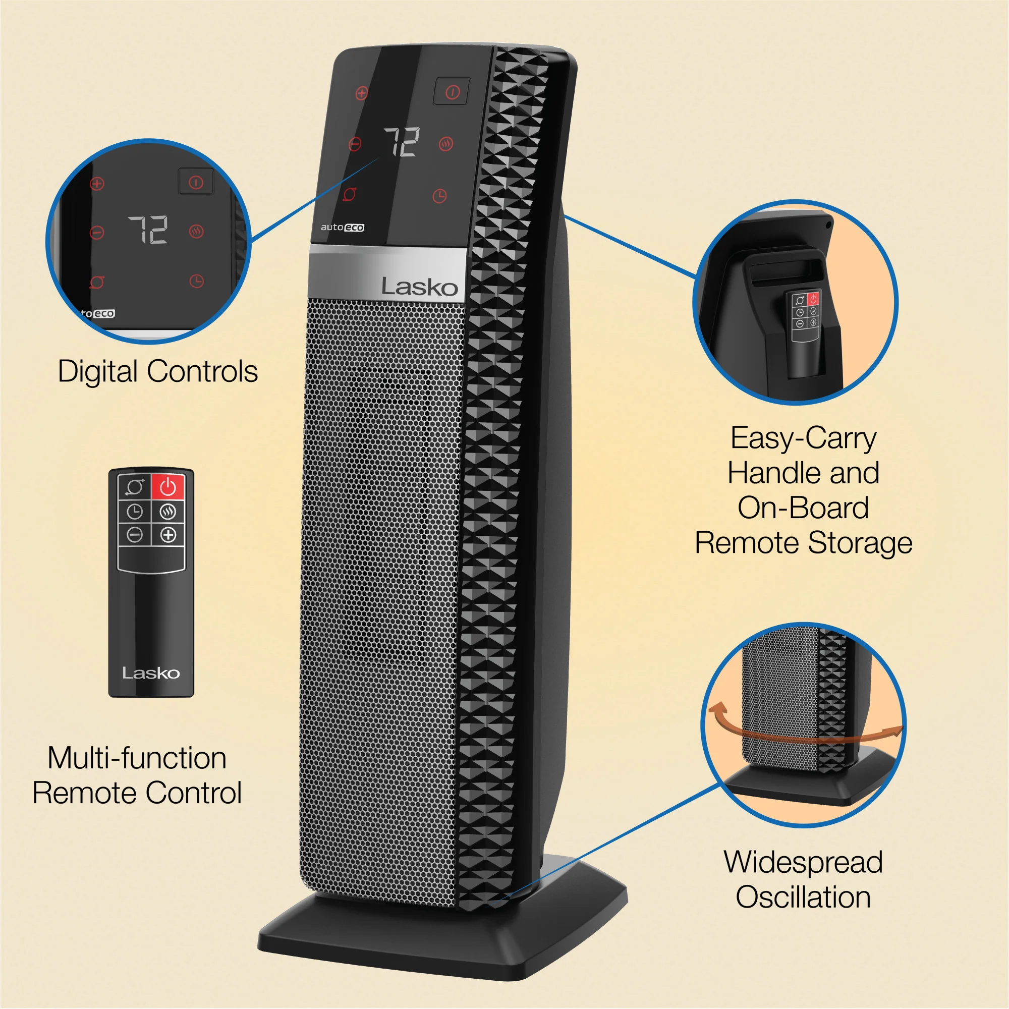 Lasko Elite Collection 1500W Ceramic Tower Space Heater with Tip-Over Switch, CT22445 - Image 2
