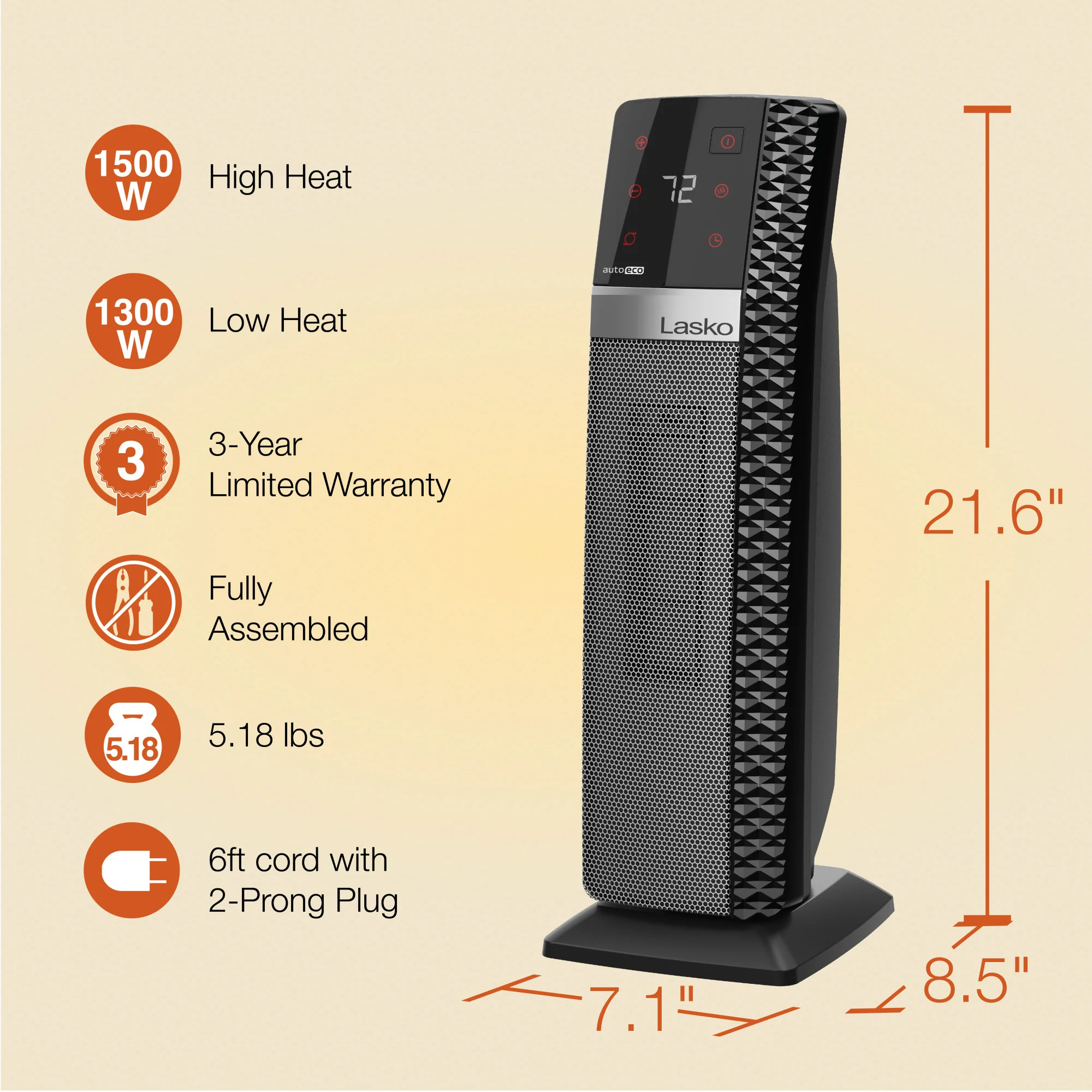 Lasko Elite Collection 1500W Ceramic Tower Space Heater with Tip-Over Switch, CT22445 - Image 6