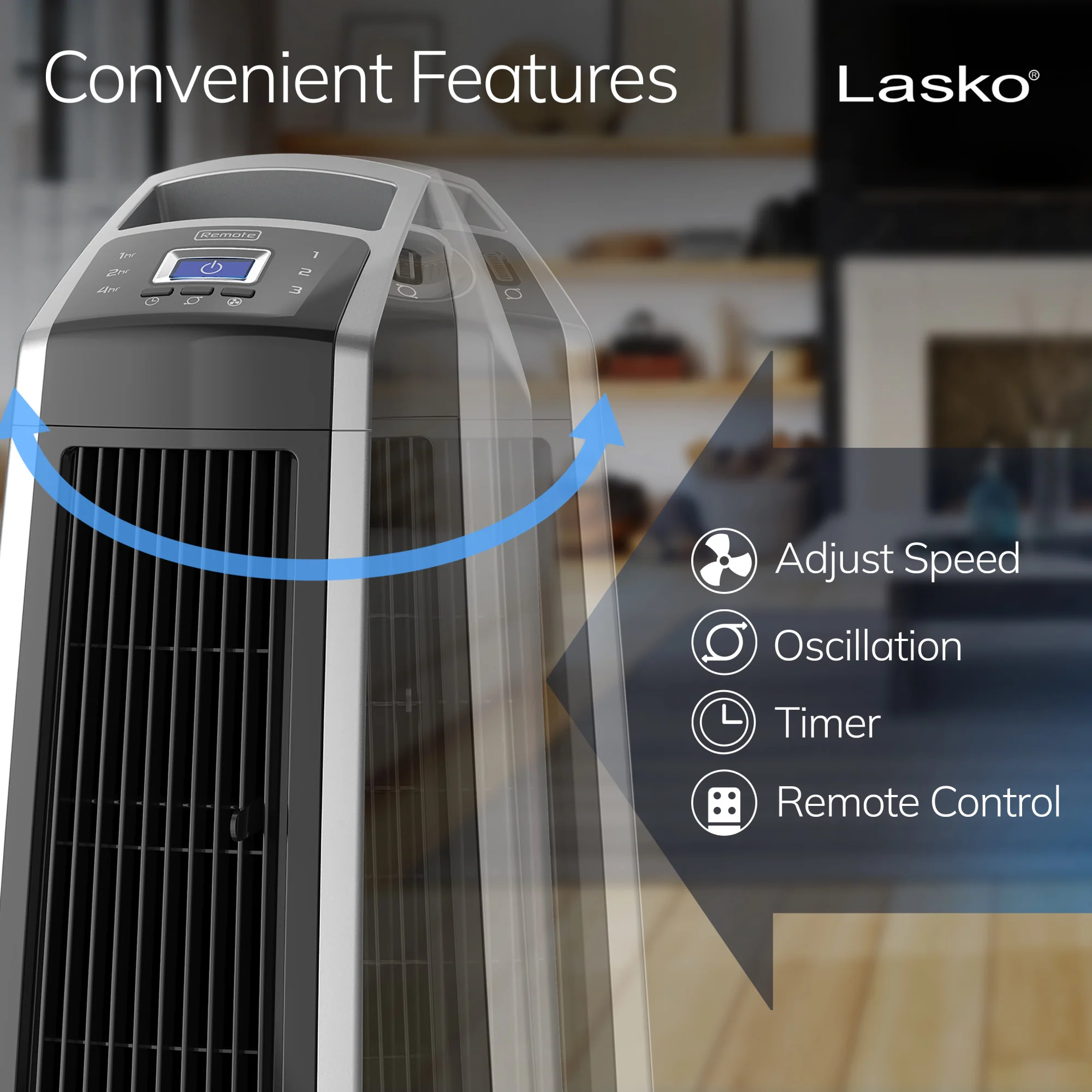Lasko High Velocity Tower Fan with Remote Control, U35115, Silver/Black - Image 4