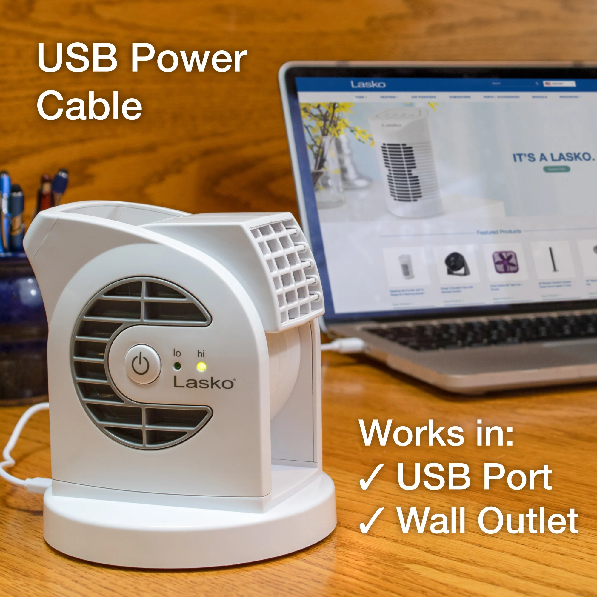 Lasko MyCool Mini USB 2- Speed Desk Fan with USB Cable and AC Adapter, D300, White - Image 4