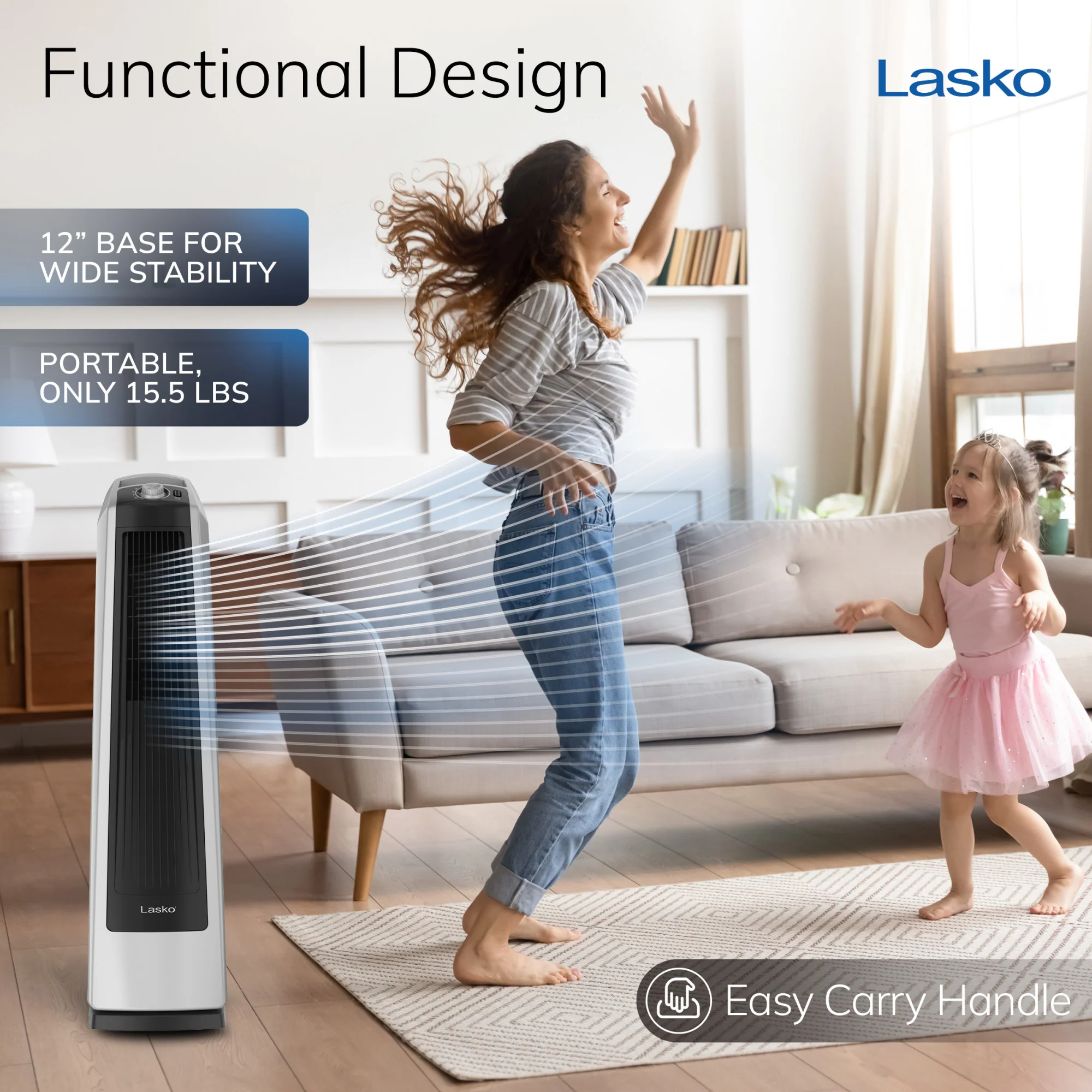 Lasko Oscillating High Velocity Tower Fan with 3 Speeds, U35105, Gray/Black - Image 5