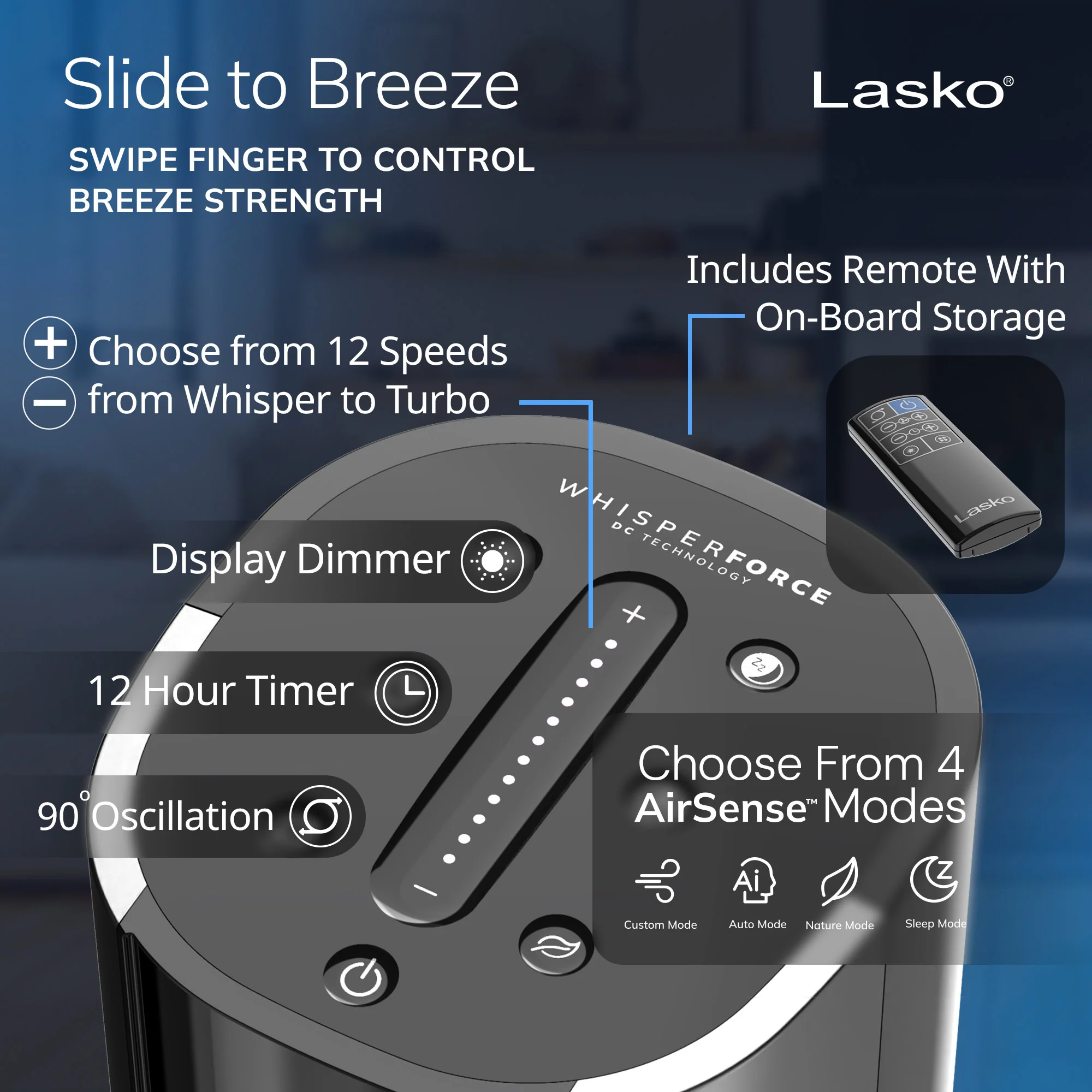 Lasko TDC401 40" 12-Speed Tower Fan with WhisperForce™ DC Technology and Remote: Black - Image 9